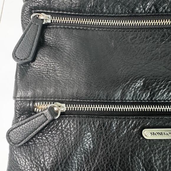 Stone Mountain Pebble Leather Black Crossbody Zipper Purse Canvas Strap - Picture 3 of 8
